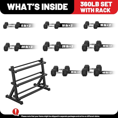 PAPABABE Dumbbell Set with Rack Dumbbells Rubber Encased Home Gym | PAPABABE Complete & Durable Cast Iron Core Odorless PVC Antiroll Hex Shape Ergonomic Chrome Handle Versatile Home Gym - size: 360LB with 3-Tier Weight Rack