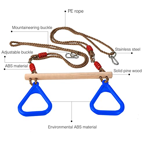 PELLOR Playground Children's Wooden Trapeze Swing Bar with Plastic Gym Rings Swing Set for Indoor & Outdoor Fun - color: Blue