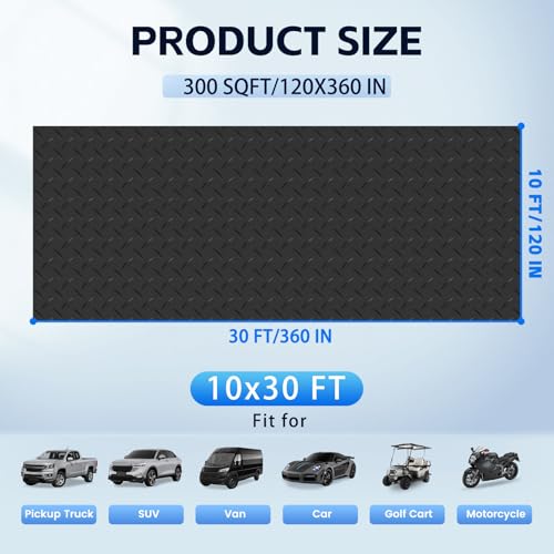 StellarStar 10x30 FT Garage Floor Mat, 2.8mm Thickened PVC Flooring Roll for Under Car, 300 SQFT Diamond Plate Black Garage Mats for Garage, Warehouse, Basement, Factory, Trailer (Include Tapes) - color: Black, size: 10x30 FT