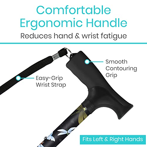 Vive Folding Cane - Foldable Walking for Men, Women Fold-up, Collapsible, Lightweight, Adjustable, Portable Hand Stick Balancing Mobility Aid Sleek, Comfortable (Black Butterfly) - color: Black Butterfly
