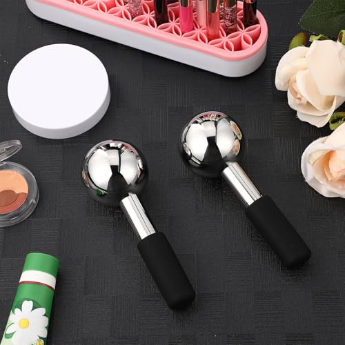 Baderke 2 Pcs Ice Globes for Face Stainless Steel Cooling Globes Unbreakable Cooling Roller Women Ice Balls Cryo Sticks Facials Skin Care for Dark Circles, Puffiness(Silver (Black Handle)) - color: Silver (Black Handle)