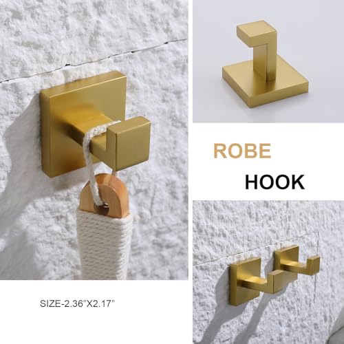 TASTOS Bath Towel Hooks Brushed Gold, 2 Pack Stainless Steel Robe Coat and Clothes Hook, Heavy Duty Wall Hook for Bathroom & Kitchen, Modern Square Style Wall Mounted… - color: Brushed Gold, size: Square (2 Pack)