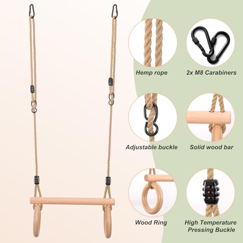 YAERSI Children's Trapeze Swing Bar with Wooden Gym Rings,Trapeze Bar for Swing Set - color: Round