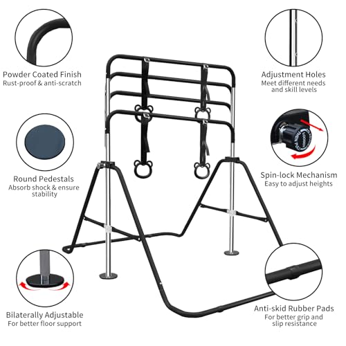 Gymnastics Bars for Kids with Rings, Junior Kip Training Bars Equipment for Home, Folding Height Adjustable Horizontal Bars - color: Black
