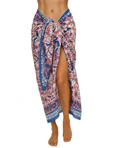 100% Cotton Hand Block Print Pareo Sarong Swimsuit Wrap Skirt Cover Up Long Women’s Apparel Fabric Beach Bikni (73" x 44") - color: Pink 1