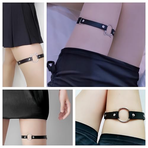 Adjustable Elastice 2 Rows Leather Leg Harness Garter Belt Punk Gothic Thigh Ring Garter - color: Black With Ring & Cat