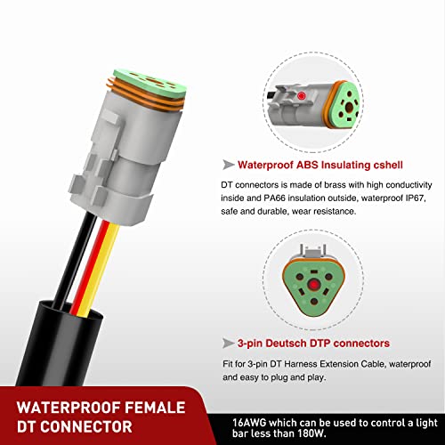 Nilight 2 PCS 16 AWG 10 Feet 3 Pin DT Connector Wiring Harness Extension Kit Plug and Play for Dual Mode Off Road LED Pod Lights Bar DRL Driving Auxiliary Reverse Boat Light - size: 16AWG -10FT 3Pin DT