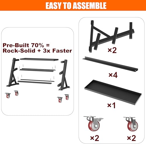 Heavy Duty 3 Tier Dumbbell Rack Stand, 1200LBS Commercial Weight Storage Organizer for Home Gym (Select Frame Type: Kettlebell Flat Tray, All Rails, or Rolling Wheels), Stand Only - color: 3-Tier (Tray & Wheels)- Black