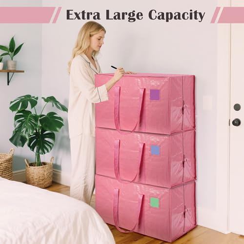 6 Pack Moving Bags with Full-Open Side Zipper, Extra Large 93L Heavy Duty Waterproof Foldable Storage Totes for College Dorm, Moving & Home Organization Pink - color: Pink, size: 6 Pack