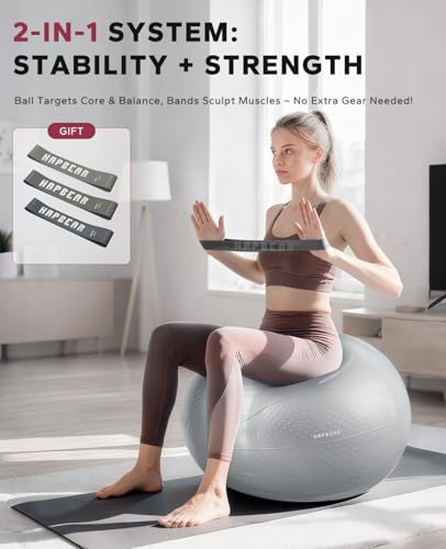 HAPBEAR Exercise Ball- Anti-Burst Slip-Resistant Yoga/Pilates Ball for Core Training & Posture Improvement, Home Gym/Rehab/Pregnancy Ball, Quick Pump & 3 Resistance Bands Included - color: Grey, size: M (19-22IN / 48-55cm)