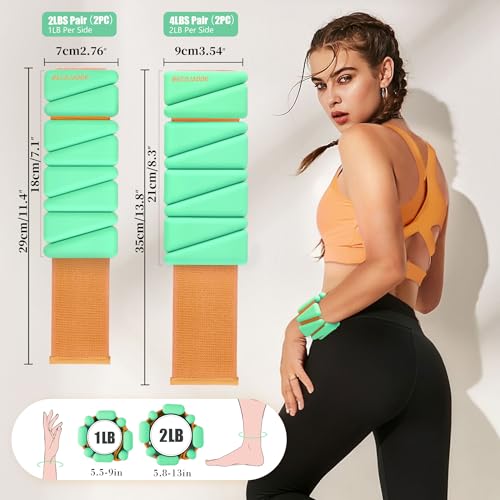 BECOJADDE Ankle Weights for Women Wrist Weights Set of 2 (1 lb/2 lb Each) Adjustable Arm Leg Weight for Womens Men Suitable for Walking Swimming Running Pilates Yoga Gym - color: Green Orange, size: 2lb Pair (1lb Each)