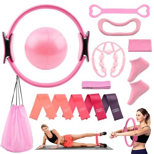 Pilates Essentials Kit for Women, 14 Pcs Home Workout Equipment with Pilates Circle Ball Ring Set Resistance Bands and Anti Slip Sock, Yoga Pilate Essentials Accessories - color: Pink