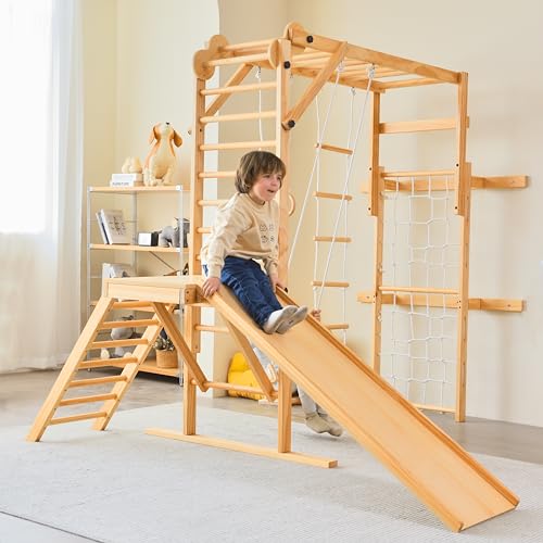 Avenlur Grove 8-in-1 Indoor Jungle Gym with Gymnastic Rings, Climbing Rope, Swing, Slide, Monkey Bars, Rope Wall Net, and Wooden and Rope Ladder - Jungle Play Set for Kids Ages 2-11 Years Old - color: Natural Wood