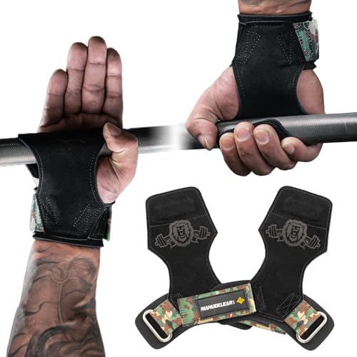 MANUEKLEAR Gym Straps Weight Lifting, Double Leather Lifting Straps for Men Deadlift with Cushion Wrist Loop, Gym Lifting Wrist Wraps for Weightlifting - color: One Size - Black/Camo