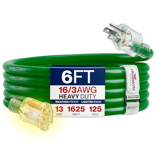 6ft Outdoor/Indoor Extension Cord 16/3 Gauge Heavy Duty 3 Prong SJTW, Waterproof, Flexible Cold-Resistant Long Power Cord,13A 125V 1625W, Green by LifeSupplyUSA - color: Green, size: 6 FT, style: 16AWG