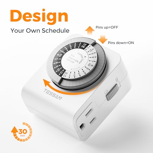 TESSAN Outlet Timer, Mechanical 24-Hour, 2 Pack | Dual 3-Prong Sockets, 30-Minute Intervals, For Lamps, Christmas Lights, Fans, Indoor Use