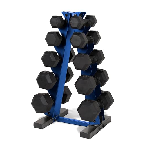 CAP Barbell 150 LB Coated Hex Dumbbell Weight Set with Vertical Rack | Multiple Options - color: Blue Rack, style: Black Handle