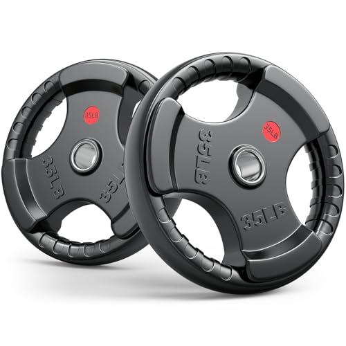 Gikpal Olympic Weight Plates, 2-Inch Three-Grip Rubber Coated Barbell Plates with Steel Hub, Cast Iron Weights for Strength Training & Home Gym, Pair or Sets (2.5–45LB) - style: 2 X 35LBS