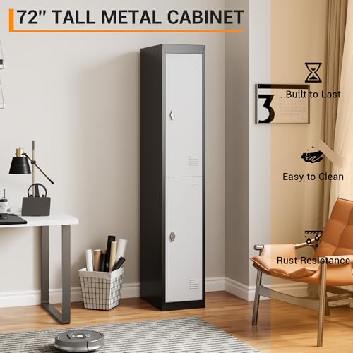 72" Tall 2 Door Metal Locker with Key, Heavy Duty Steel Storage Cabinet with Shelves, Lockable Employee Locker for School, Office, Gym, Home, Garage, Grey & Black - size: 2 Door