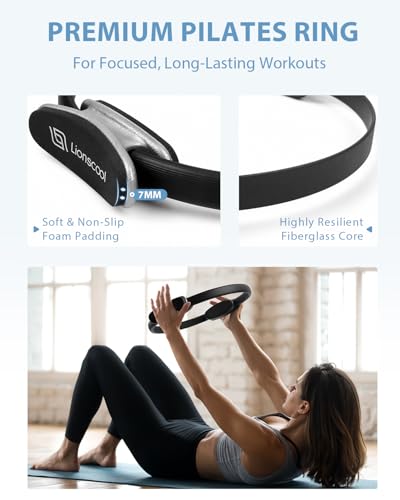 LIONSCOOL Pilates Ring Set - 14" Anti-Deformation Magic Circle with Padded Handles, 9" Mini Ball, Non-Slip Fabric Resistance Bands, Guide & Bag - color: Black