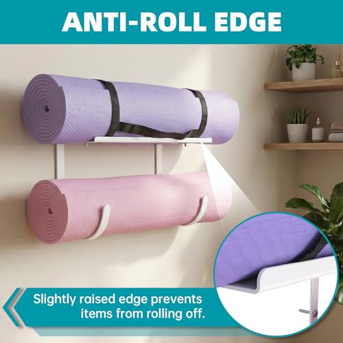 Yoga Mat Holder Wall Mount, No-Tie Mat Storage, Exercise Mat Storage Rack with Top Floating Shelf, Holding Yoga Blocks/Rollers and Pilates Mat, Workout Mat, Home Gym Equipment Accessories - color: 2-Tiers（with Floating Shelf）