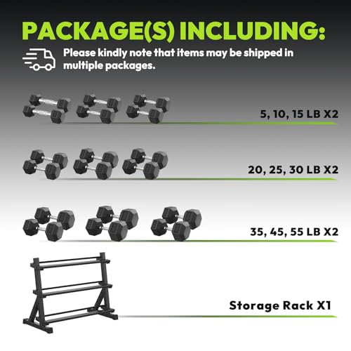 HANDBODE Rubber Coated Hex Dumbbell Set with Rack, 300-840 lb | Fixed Weights Sets with Heavy Duty Storage Stand, Multiple Weight Options Home Gym Equipment for Strength Training - style: 480 lb Set (5-55 lb) with Rack
