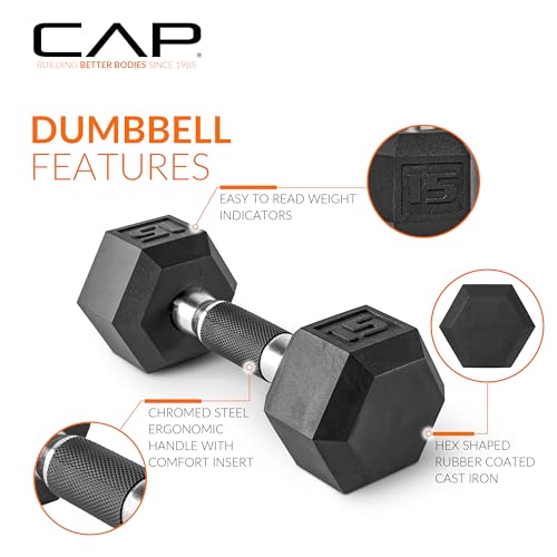 CAP Rubber Coated Hex Dumbbell Set with Storage Rack | 100–210 lb Options, Space-Saving Vertical Compact Storage for Home Gym Strength Training - size: 210 lb - Set - Black Rack, style: Comfort Handle