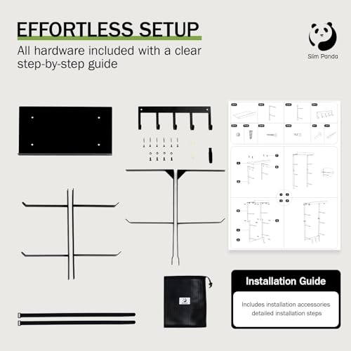 Slim Panda Yoga Mat Holder Wall Mount with Mesh Bag, 4-Tier Metal Storage Rack with Floating Shelf & 5 Hooks, Large Home Gym Organizer for Foam Rollers, Resistance Bands & Yoga Accessories