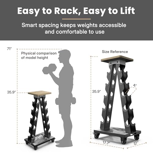 Vertical Dumbbell Rack, 5-Tier Weight Rack, Wheels, 300LBS Capacity | A-Frame Design, Solid Steel Construction, Training Platform, Bottom Tray, Home Gym Organizer, Rack Only
