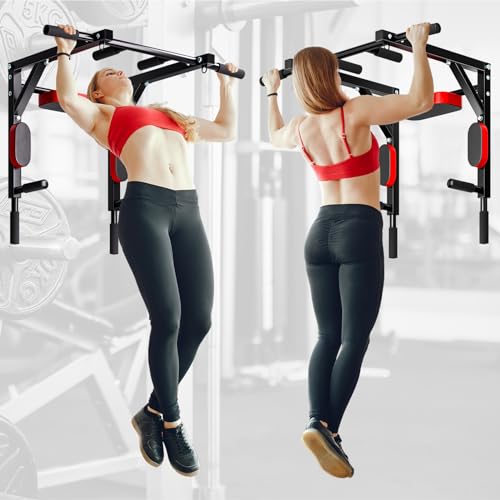 Wall Mounted Pull Up Bar and Dip Station, Heavy Duty Pull-up Chin Up Bar for Indoor Home Gym Workout, Power Tower Set Training Equipment Fitness Dip Stand Supports to 440 Lbs Black