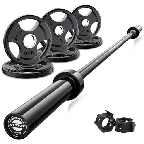 RitFit Barbell Weight Set - 4/6FT Olympic Barbell with Weight Plates (55-115LB Total) - Weightlifting Equipment for Squats, Curls, Deadlifts, Presses, Hip Thrusts - color: Black, size: 6FT With 35LB Plates