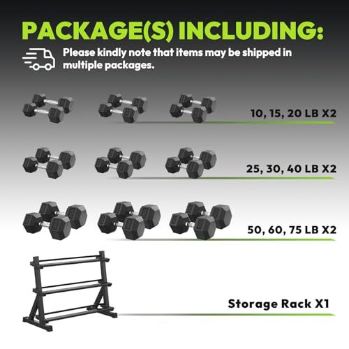 HANDBODE Rubber Coated Hex Dumbbell Set with Rack, 300-840 lb | Fixed Weights Sets with Heavy Duty Storage Stand, Multiple Weight Options Home Gym Equipment for Strength Training - style: 650 lb Set (10-75 lb) with Rack
