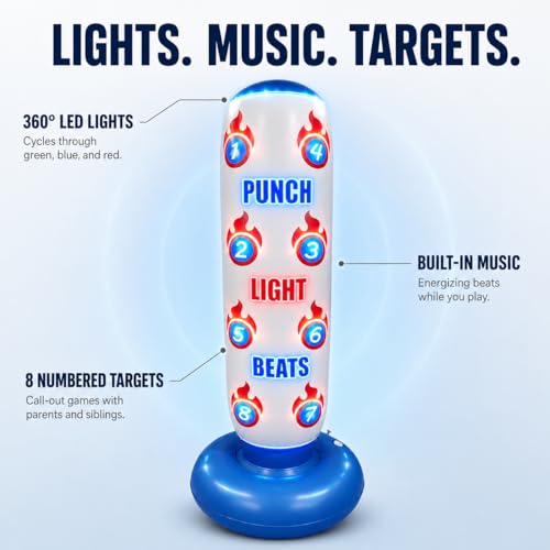 Punching Bag for Kids with Color-Changing LED Lights, Built-in Music & 8 Targets, Inflatable Boxing Set Ages 3-12 with Boxing Gloves & Pump (Batteries Not Included), Sand/Water Fill Base Birthday Gift