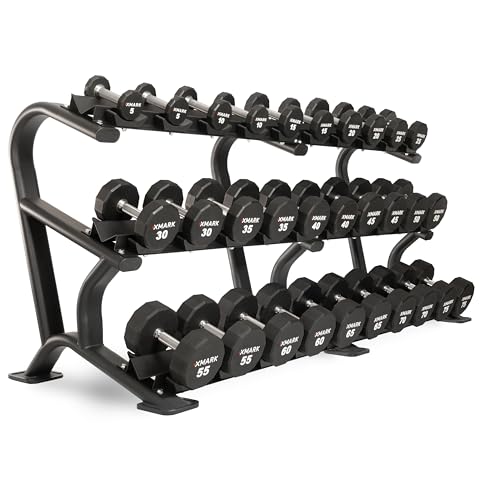 XMARK Dumbbell Weights Sets, 5-50lb and 5-75lb Dumbbell Sets, No Odor, Urethane Dumbbells, Commercial Gym and Home Gym Equipment - color: 07) 5-75lb 12-Sided & Modern Rack