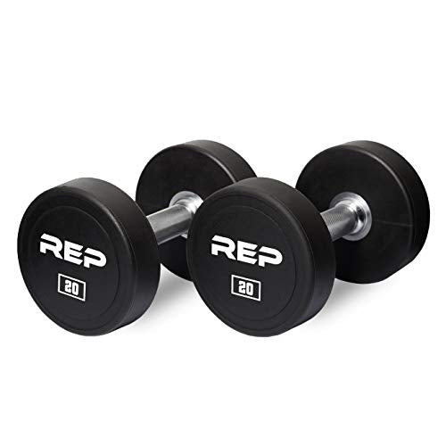 REP Fitness Urethane Coated Round Dumbbells, 5 to 100 lbs, Singles or Pairs, With or Without Rack, Steel Core, Rubber Encased, Chrome Handles, Professional Weights for Home Gym Strength Training - style: 20lb Pair