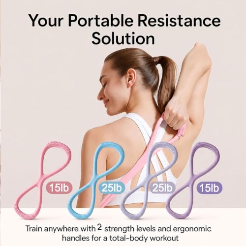 Resistance Bands with Handles,Figure 8 Resistance Band Elastic Fitness Bands Exercise Band for Home Yoga Gym Workout - color: Pink-15LB+Blue-25LB