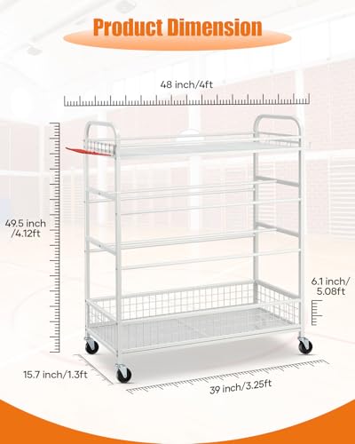 EXTCCT Garage Sports Equipment Organizer - Rolling Ball Storage Bin with Wheels, Garage Sports Gear Rack Outdoor Basketball Racks for Balls with Baseball Bat Holder and Hooks, Toy Organizer(White) - color: White