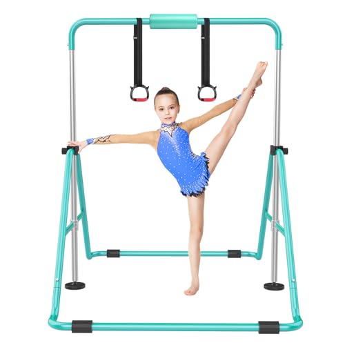 RINREA Gymnastic Bars for Kids, Adjustable Height Horizontal Bar for Home | 5-Height 35"-51", Foldable & Space-saving, Indoor Outdoor Training Kip Bar, with Gymnastics Rings & Gymnastics Pad - color: Green