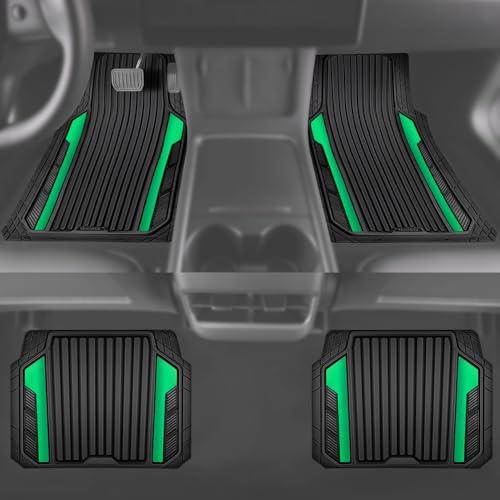 CAR PASS Heavy Duty Rubber Car Mats Metallic,Aluminum Film All Weather Floor Mats Waterproof Universal Trim to Fit SUVs Sedans Vans 4 Piece Anodized Deep Dish Two-Tone Sporty Black Green Chrome - color: Black Green