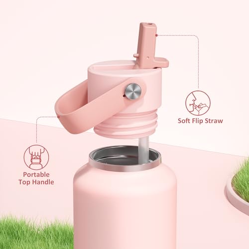 POWCAN 18 oz Water Bottle Insulated: Leakproof, Cold for 24H, CupHodler Friendly, Lid with Straw and Handle, Lightweight, Stainless Steel Water Bottle Kids for Camping, Gift for Girls (Cotton Candy) - color: Cotton Candy, size: 18 Ounces