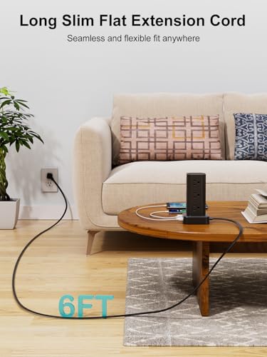Power Strip Tower Surge Protector, 6FT Flat Plug Extension Cord with Multiple Outlets, 12 AC Outlets 4 USB (2 USB C), Desktop Charging Station with Surge Protection for Home Office Dorm Room, Black - color: Black, size: 6FT