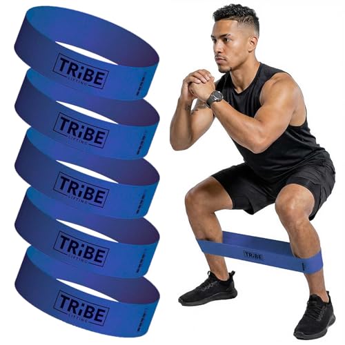 Tribe Lifting Fabric Resistance Bands for Working Out - 5 Exercise Bands Set for Legs and Glutes - Booty Bands for Women and Men - Thick Cloth Workout Bands for Physical Therapy, Hip Training - color: Heavy Blue
