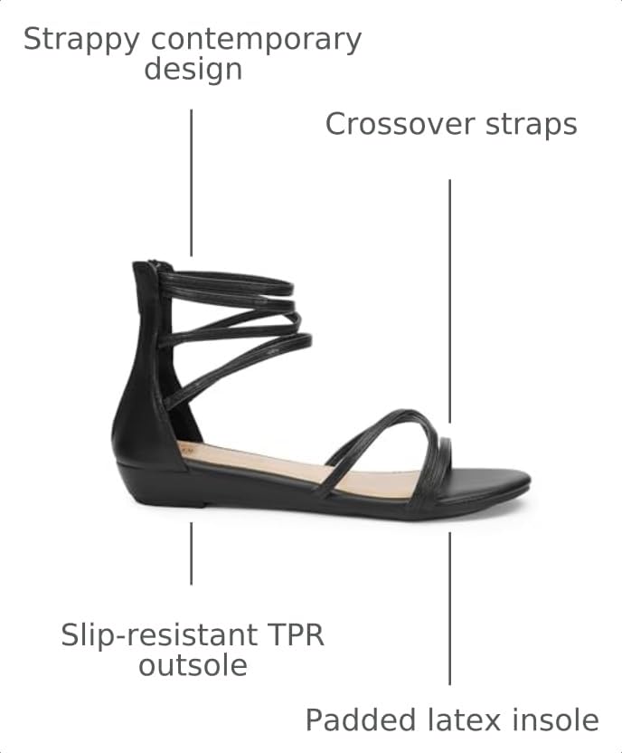DREAM PAIRS Women's Ankle Strap Flat Sandals Summer Dressy Strappy Gladiator Rhinestones Sandals - color: Black/Pu, size: 6.5