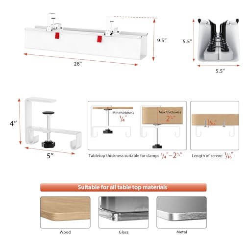 Univivi No Drill Under Desk Cable Management Tray, 28" Cord Organizer for Table, Clamp/Screw Mount Desk Cable Management, Premium Fabric Cable Management Tray for Office, Home - color: White, size: 28"L x 5.5"W