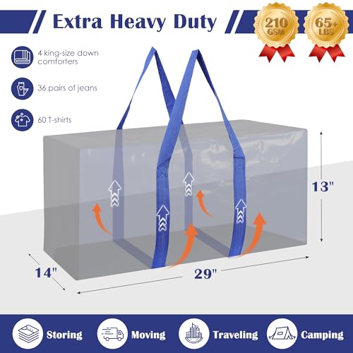 6 Pack Moving Bags with Full-Open Side Zipper, Extra Large 93L Heavy Duty Waterproof Foldable Storage Totes for College Dorm, Moving & Home Organization,Blue - color: Bluek, size: 6 Pack