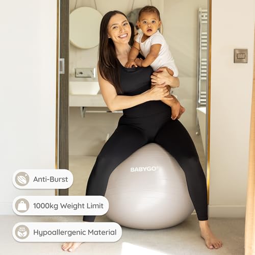 BABYGO Birthing Ball - Pregnancy Yoga Labor & Exercise Ball & Book Set Trimester Targeting, Maternity Physio, Birth & Recovery Plan Included Anti Burst Eco Friendly - color: Oatmeal, size: 75cm - Electric