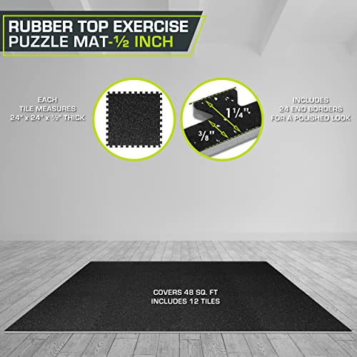 ProsourceFit Rubber Top Exercise Puzzle Mat ½-inch, EVA Foam, Protective Interlocking Tiles for Home Gym Equipment and Workouts; Grey, 48 SQ FT, 12 Tiles - color: Grey, size: 12 Pack (48 SQ FT)