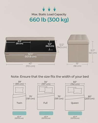 SONGMICS Mazie Collection - 43 Inches Folding Storage Ottoman Bench, Ottoman with Storage, Foot Rest Stool, Load 660 lb, for Living Room, Synthetic Leather, Camel Brown ULSF070K03 - color: Camel Brown, size: 15"D x 43"W x 15"H