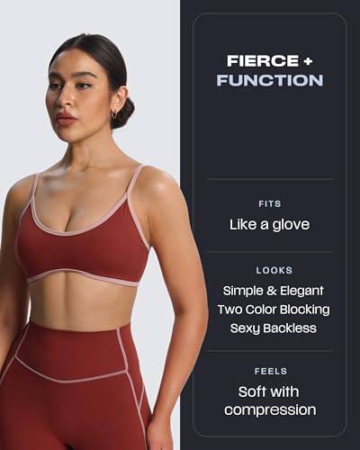 Aoxjox Lexi Lined Strappy Sports Bra | women's color block workout top,adjustable straps, removable pads, fitness athletic yoga crop tank, moisture-wicking - color: Burgundy/Woodrose, size: Small