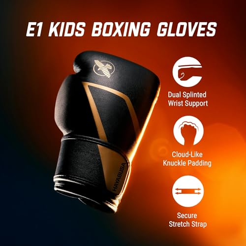 Hayabusa E1 Boxing Gloves for Kids, Youth and Teens - color: Black/Gold, size: 6oz